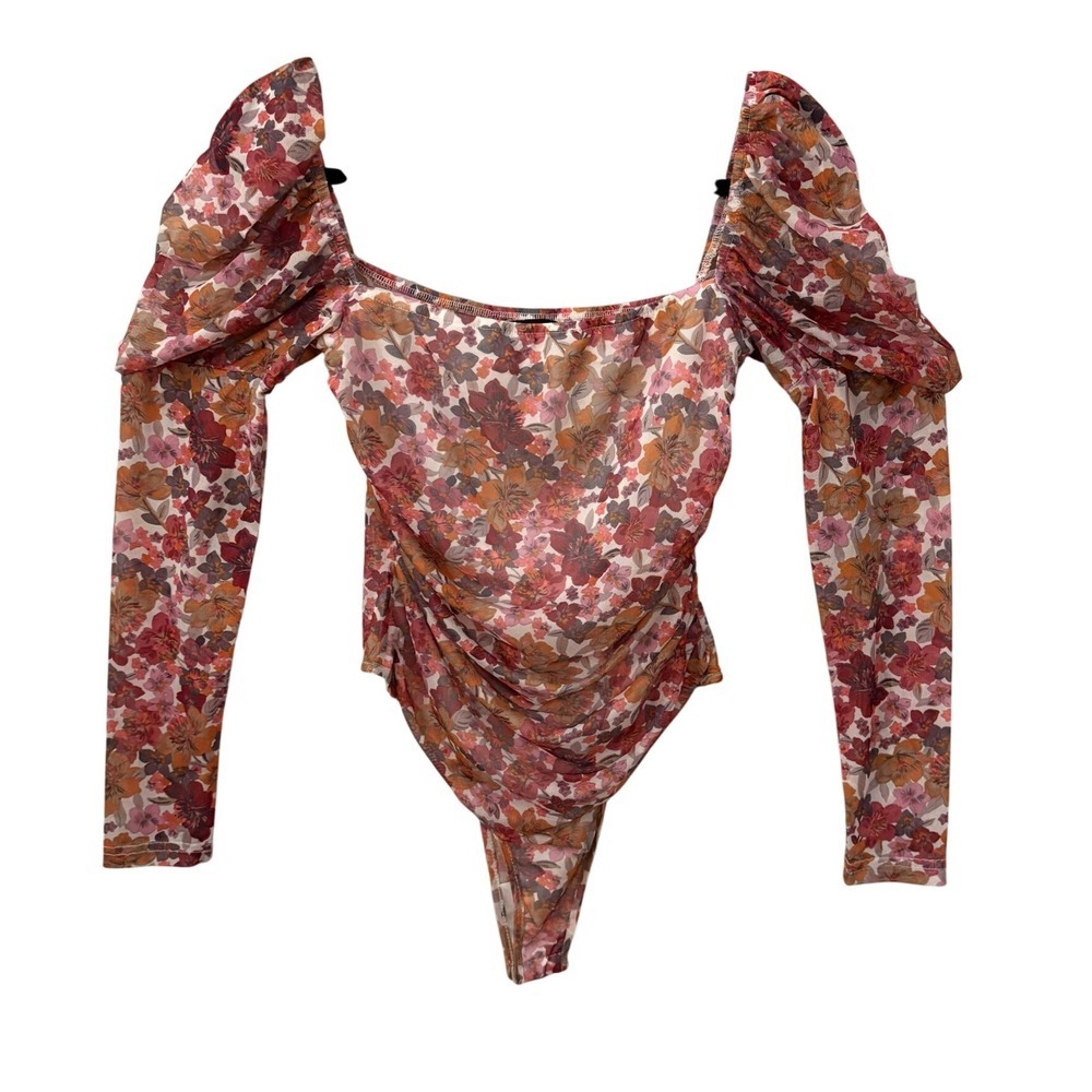 ANAA Floral Mesh Ruched Bodysuit Square Neck Puff Sleeve Long Sleeve